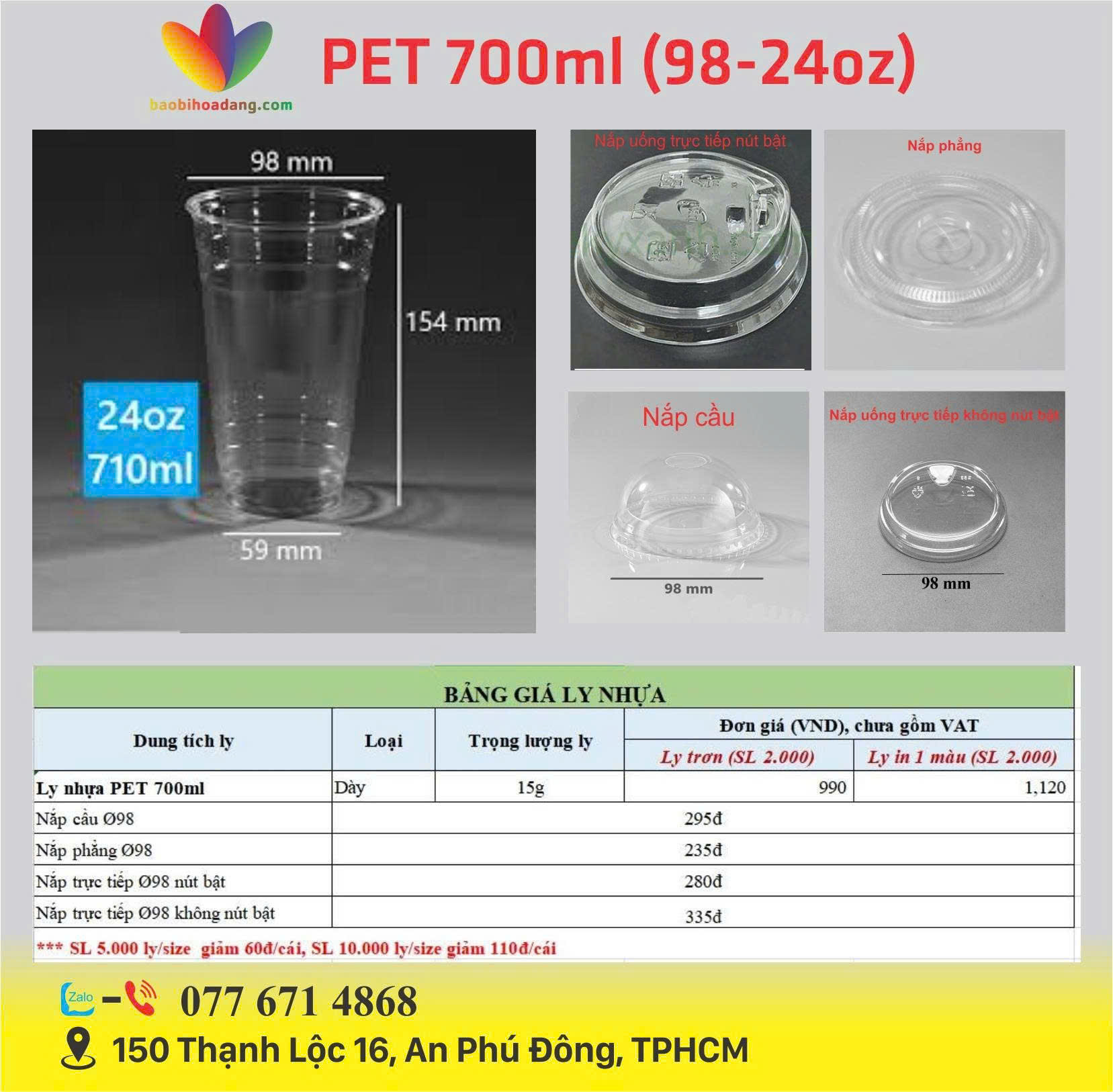bảng giá ly PET 700ml