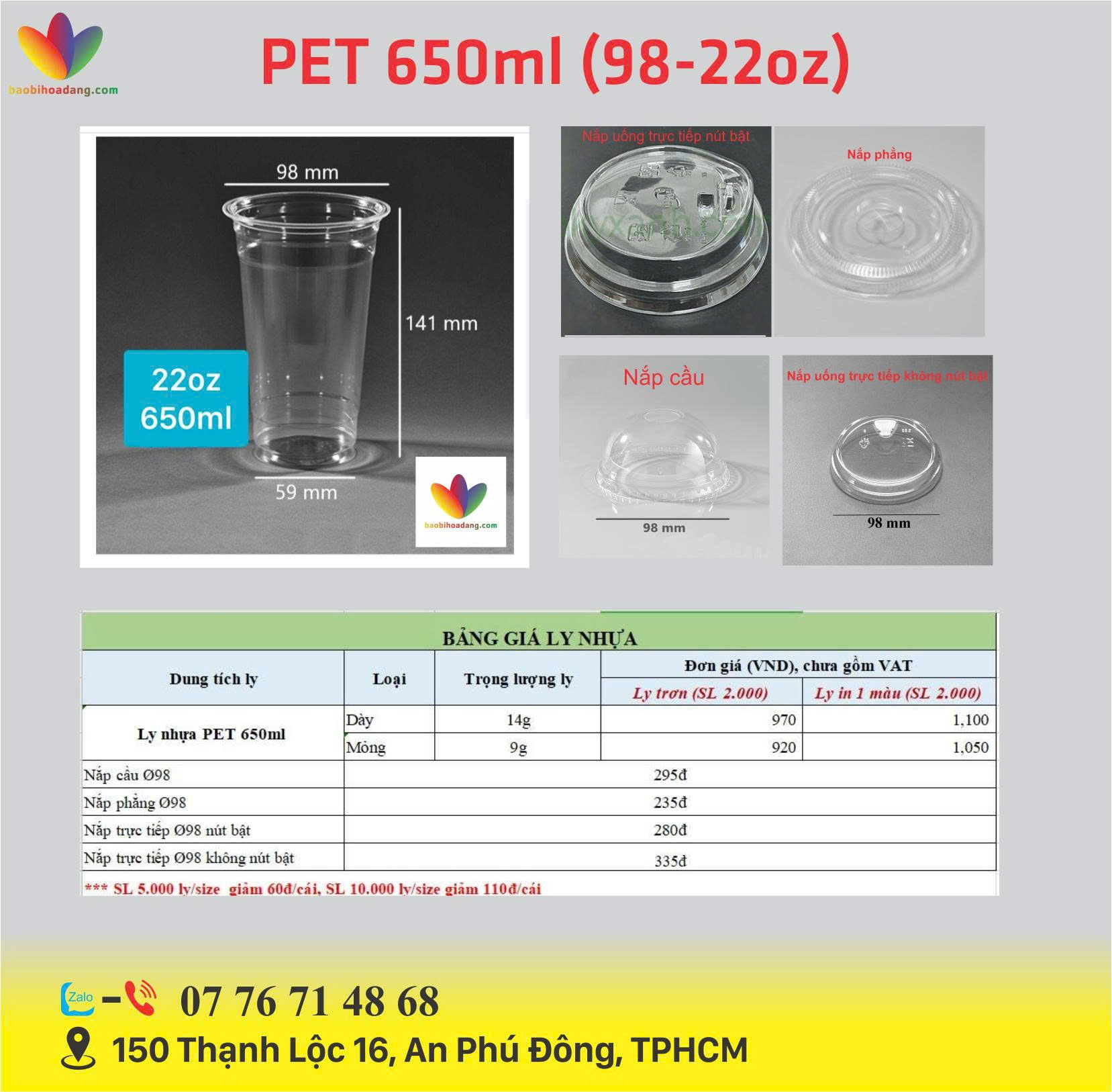 bảng giá ly nhựa PET 650ml