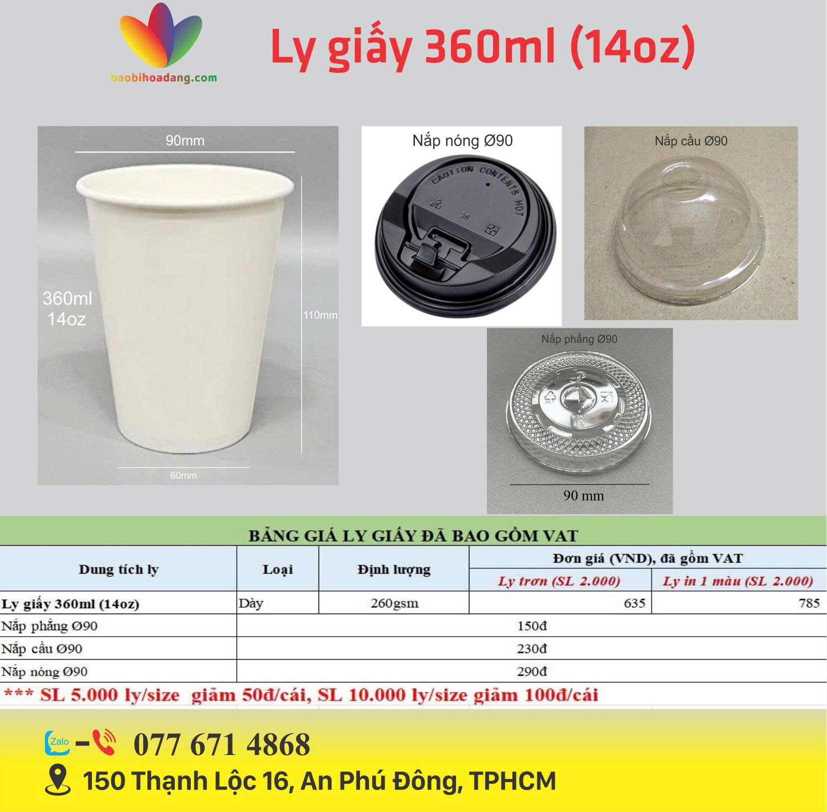 bảng giá ly giấy 360ml
