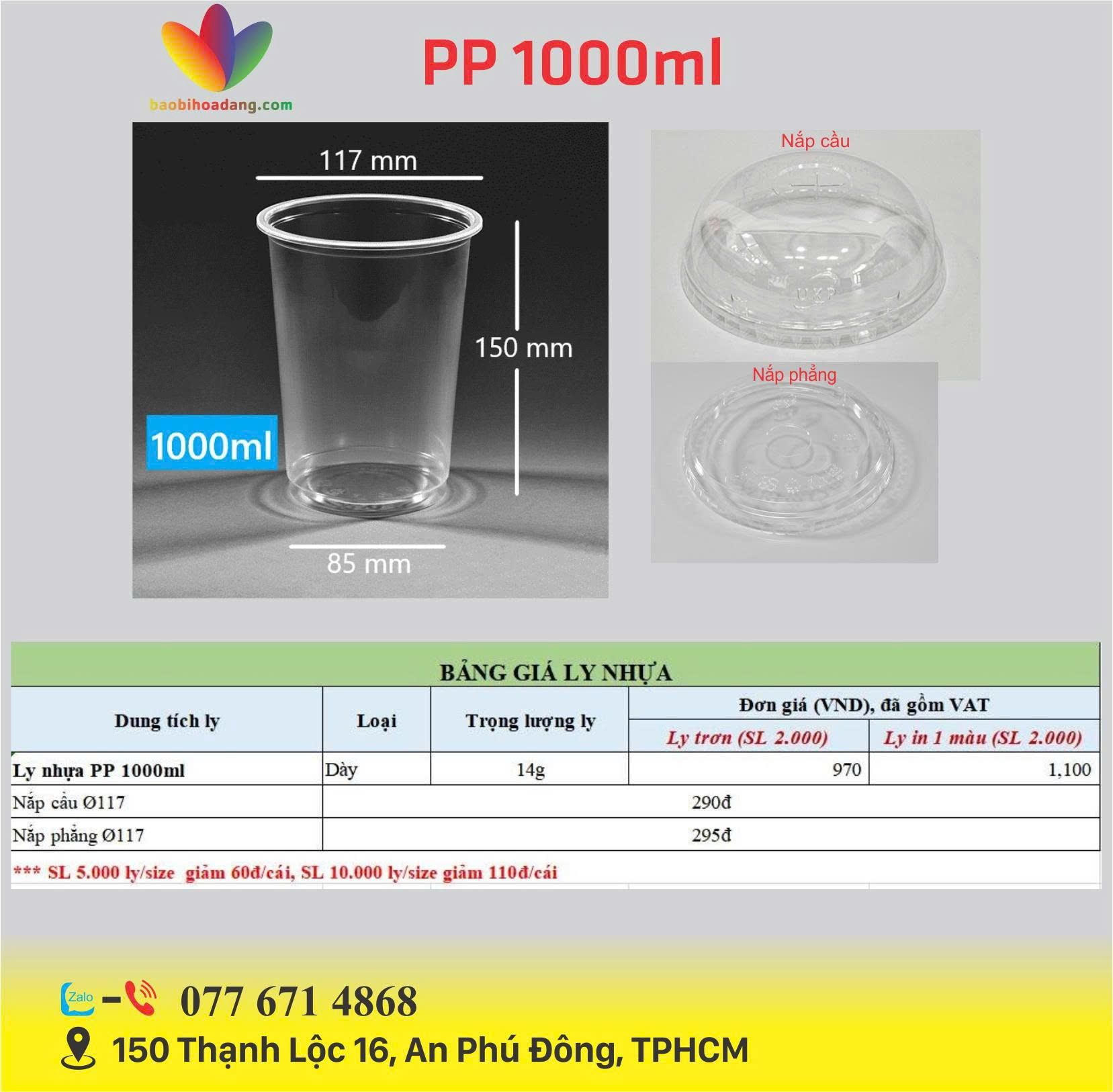 bảng giá ly nhựa PP 1000ml