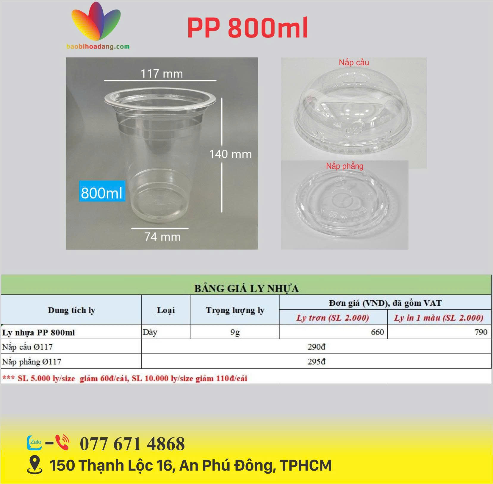 bảng giá ly nhựa PP 800ml