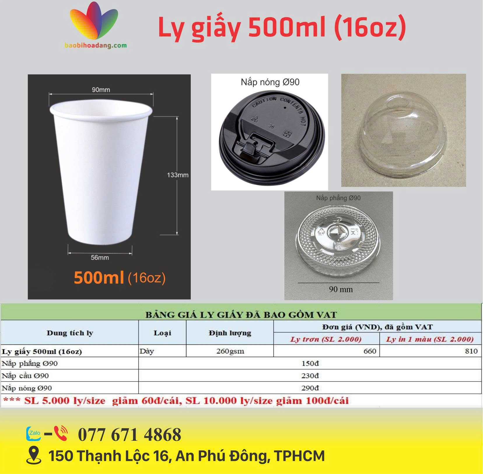 bảng giá ly giấy 500ml