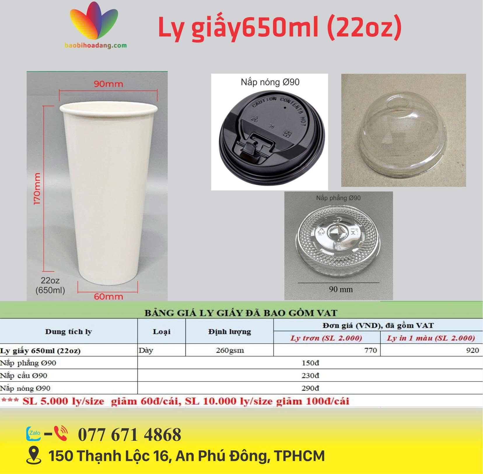 bảng giá ly giấy 650ml (có vat)
