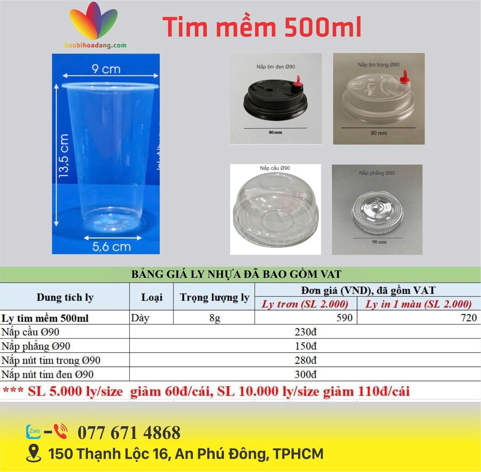bảng giá ly nhựa nắp tim 500ml