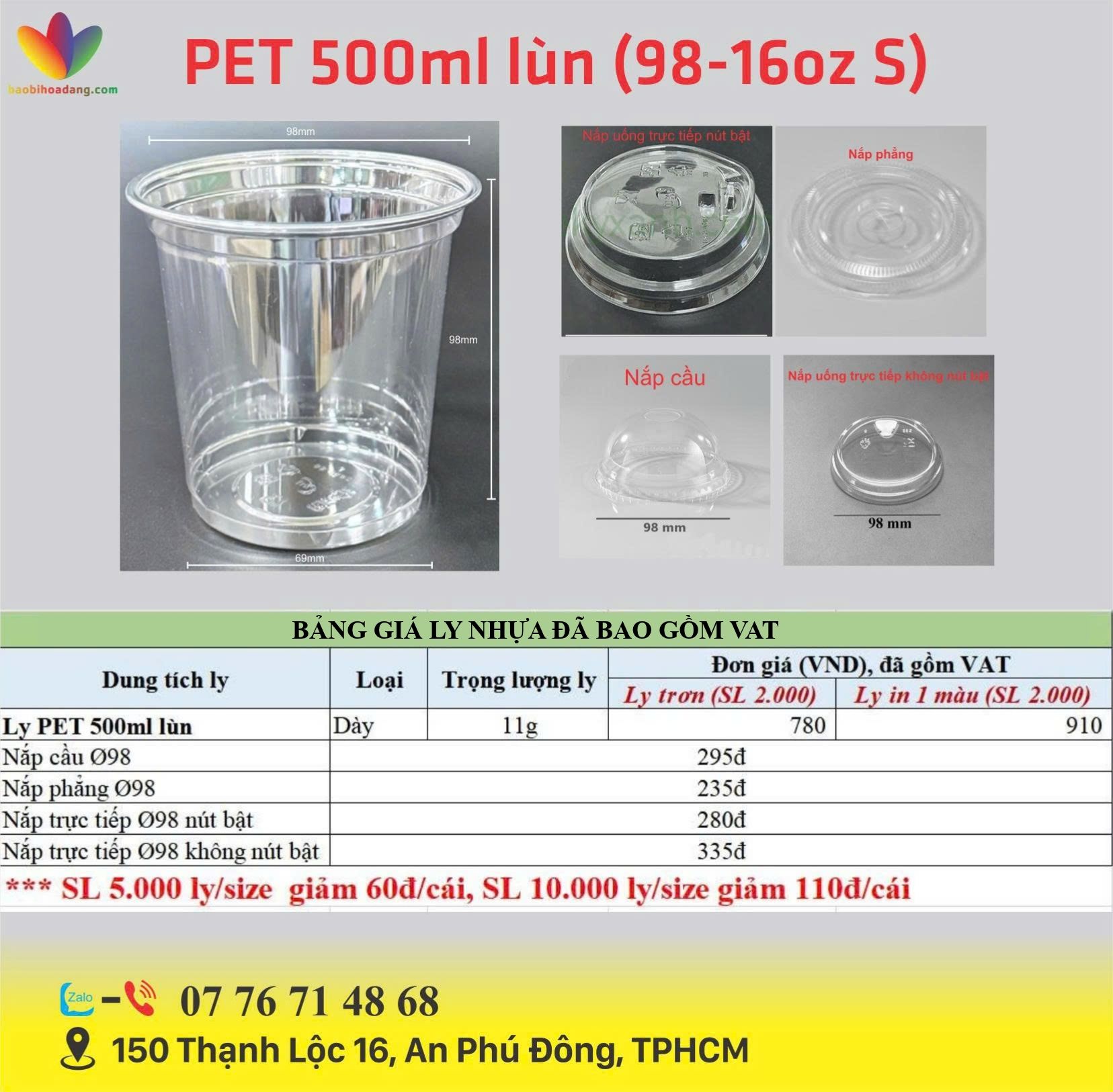 bảng giá ly nhựa PET 500ml