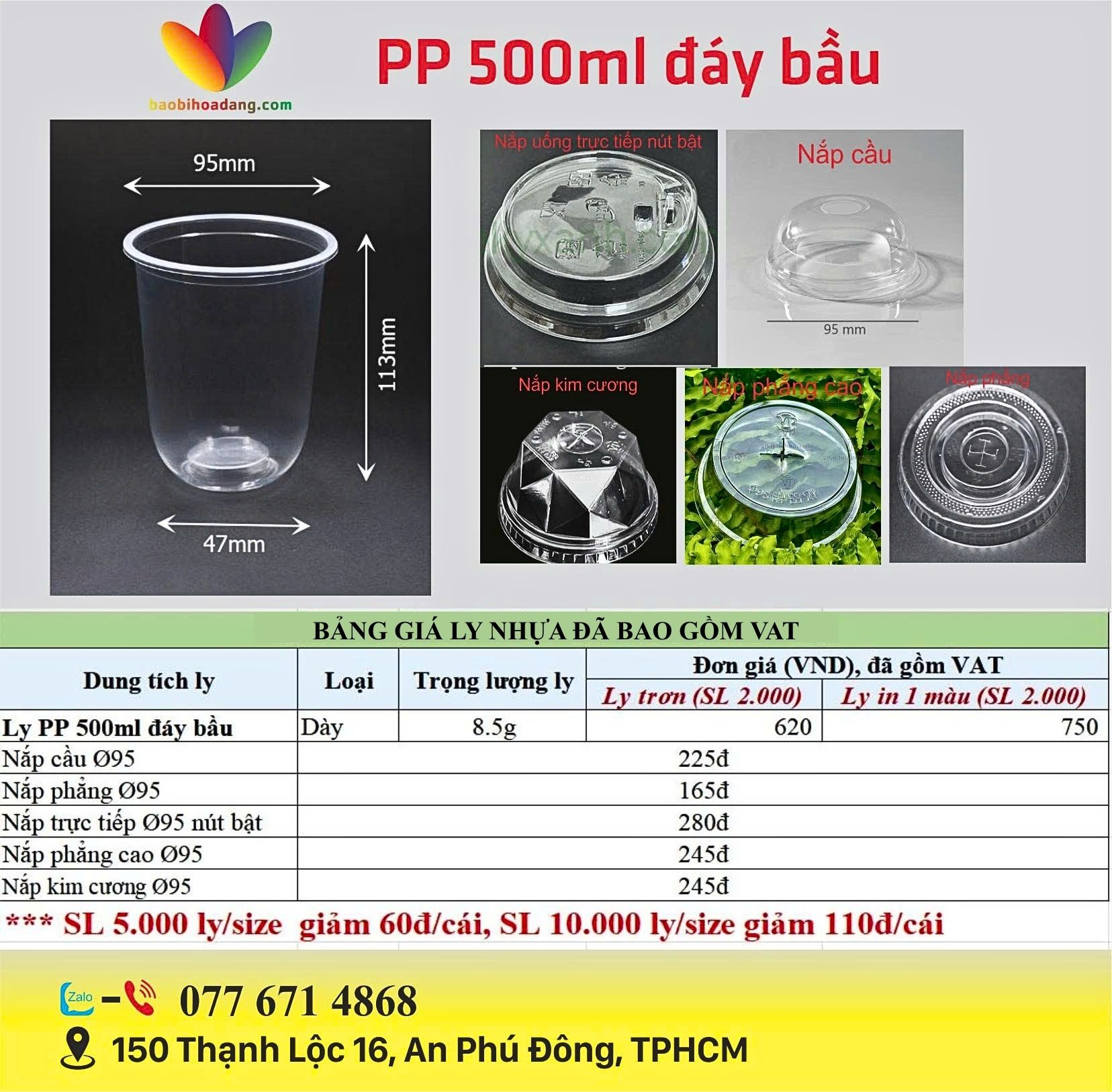 bảng giá ly nhựa pp đáy bầu 500ml