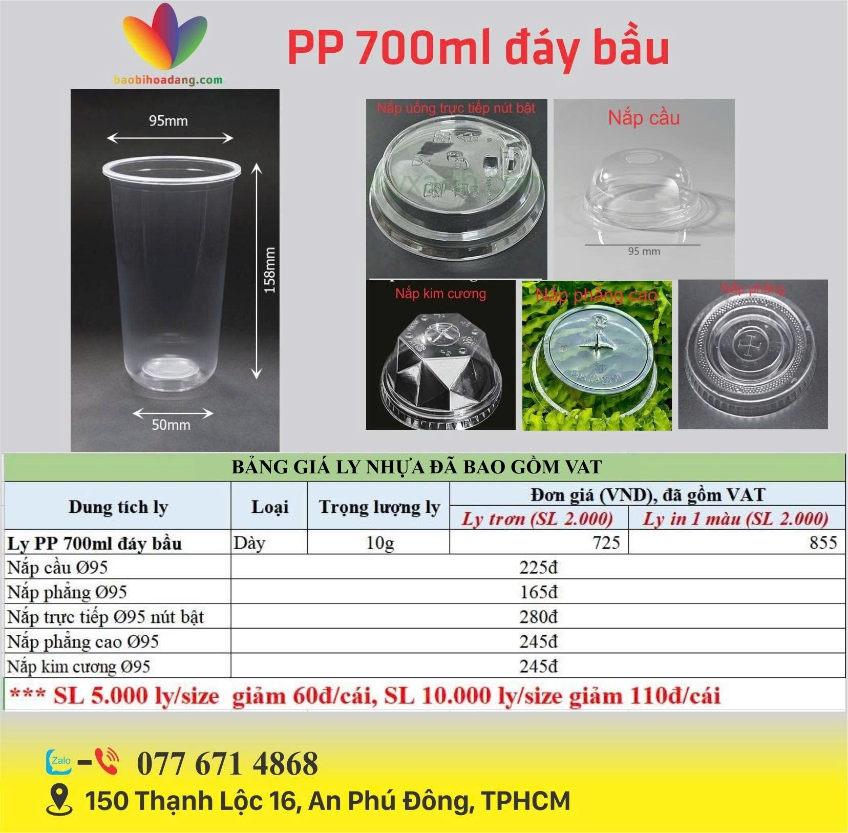 bảng giá ly nhựa pp đáy bầu 700ml