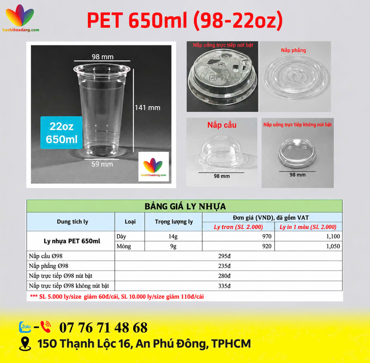 bảng giá ly nhựa PET 650ml